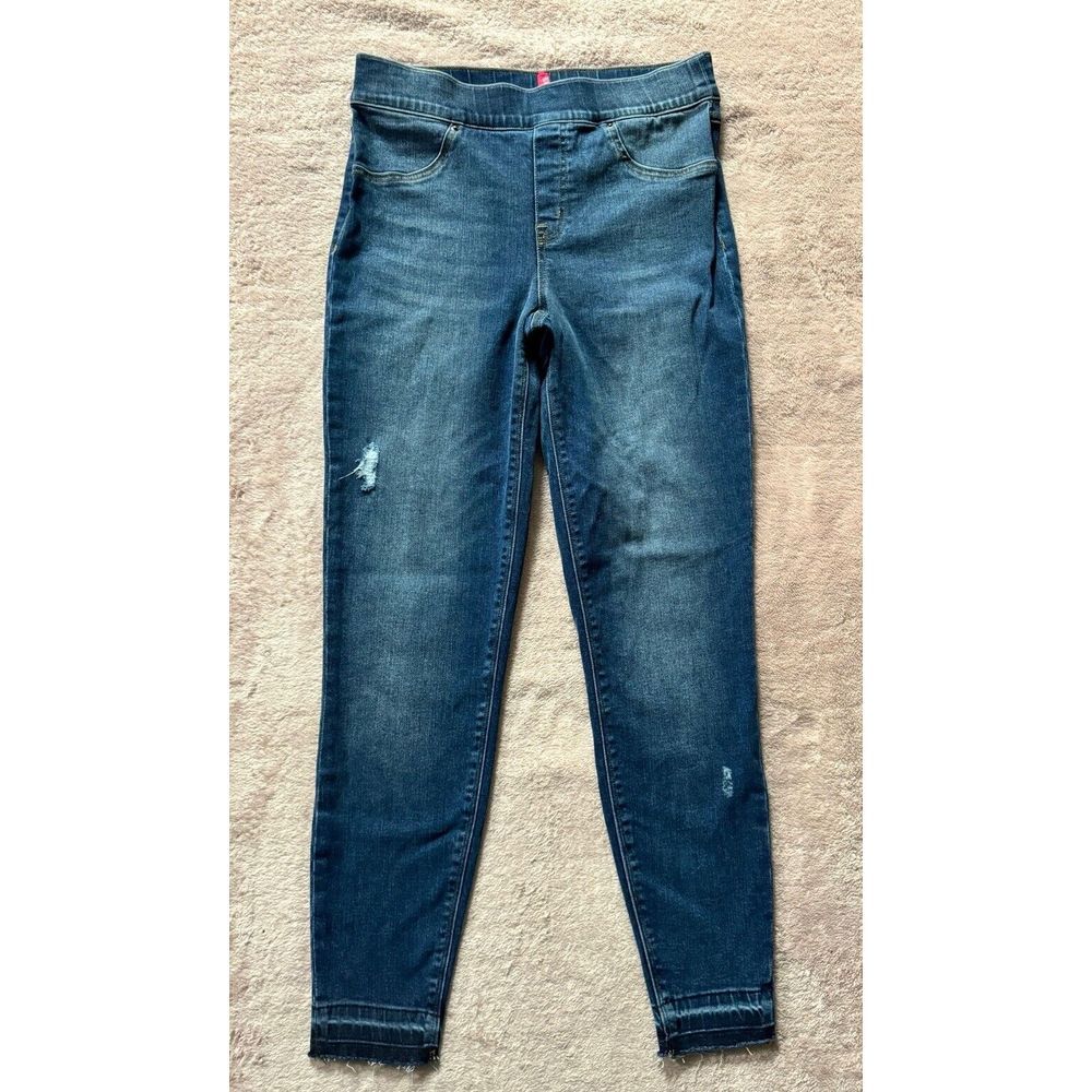 SPANX Women's Blue Distressed Ankle Skinny Jeans in Medium Wash Size Medium